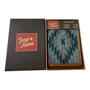 Tony Lama RFID Trifold Wallet – Genuine Leather & Fabric Front – New in Box